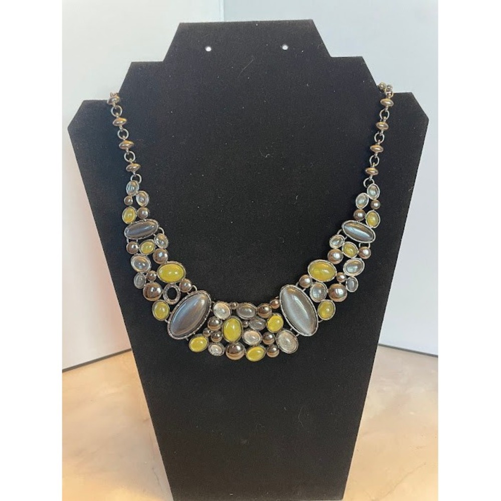 Liz Claiborne Statement Bib Necklace Mixed Gray Yellow Cabochon Silver Tone
